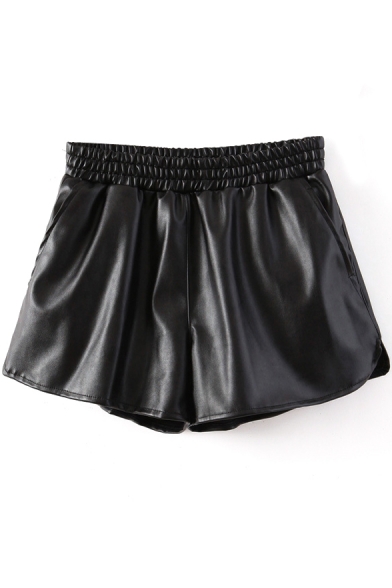 Black Sexy Casual PU Shorts with Elastic Waist