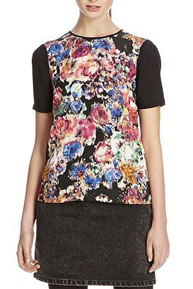 Black Short Sleeve Abstract Floral Print Blouse