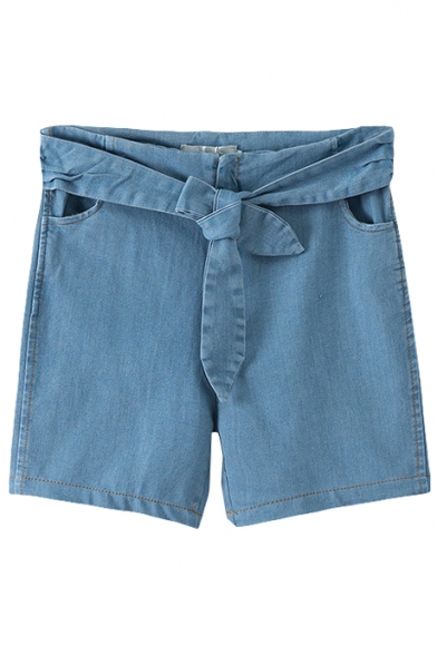 Blue Bow Belted Zippered Plain Fitted Denim Shorts
