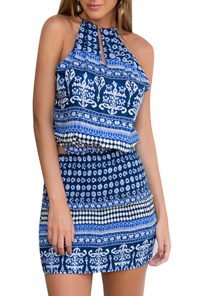 Blue Geo-Tribal Pattern Co-ords Style Bodycon Dress
