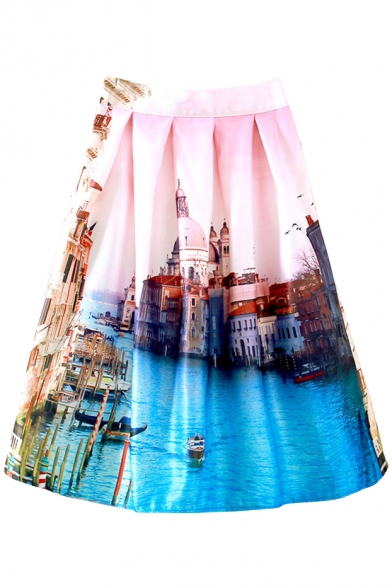 City Landscape Print High Waist Midi Skirt