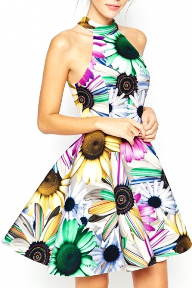 Colorful Sunflower Print Halter Full Dress