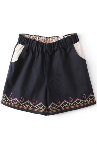 Dark Blue Ethnic Embroidered Elastic Waist Shorts