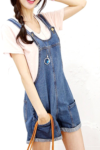 Denim Short Overalls with Double Pockets Front