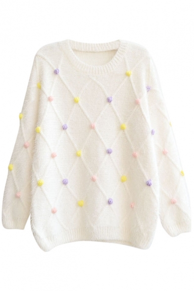 Embellished Colorful Ball Round Neck Long Sleeve Mohair Sweater