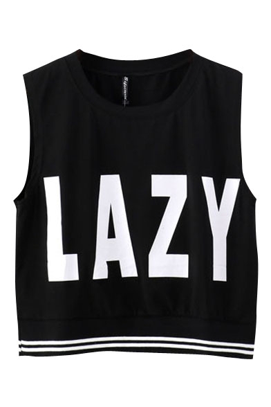 Lazy Print Stripe Hem Sleeveless T-Shirt
