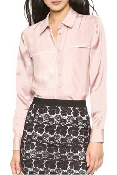 Pink Point Collar Long Sleeve Plain Shirt