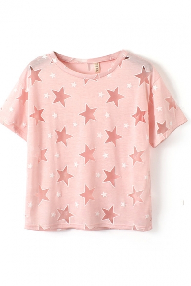 Pink Short Sleeve All Over Sheer Star T-Shirt