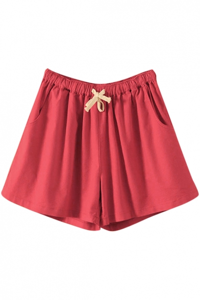 Red Drawstring Waist Casual Loose Shorts