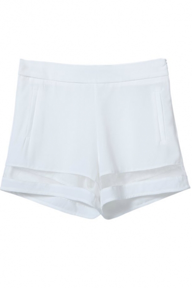 White Organza Paneled Sheer Loose Shorts