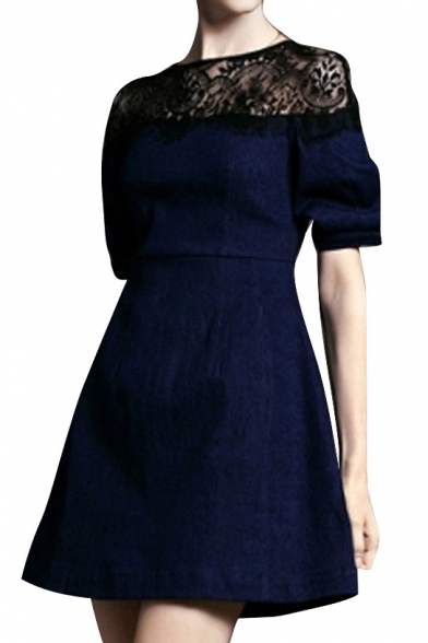 Black Lace Shoulder Short Sleeve Denim A-line Dress