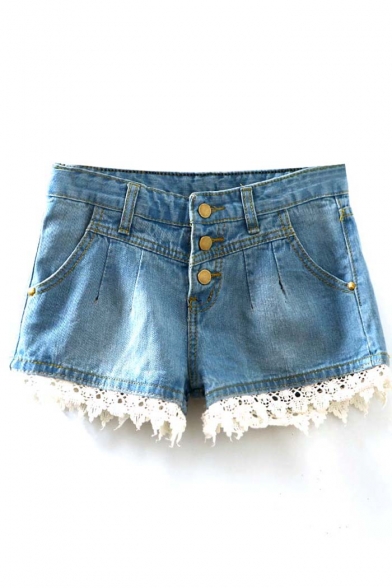 Blue Denim Shorts with Lace Hem&Three Button Fly