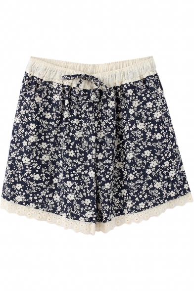 Dark Blue Background Flora Lace Hem Drawstring Waist Loose Shorts