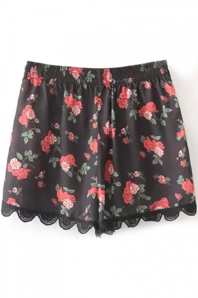 Elastic High Waist Floral Print Lace Insert Shorts