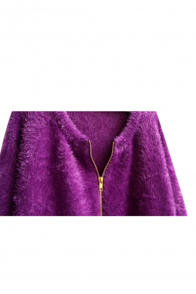 Gold Zipper Fly Round Neck Plain Cropped Mohair Cardigan