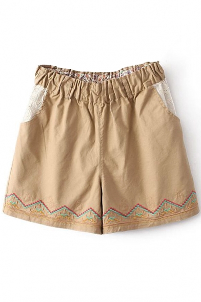 Khaki Ethnic Embroidered Elastic Waist Shorts