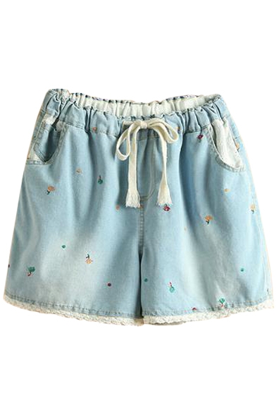 Light Blue Lace Trim Flora Embroidered Denim Shorts
