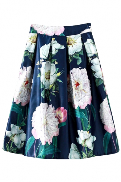 Navy High Waist Floral Print Mini Flared Skirt
