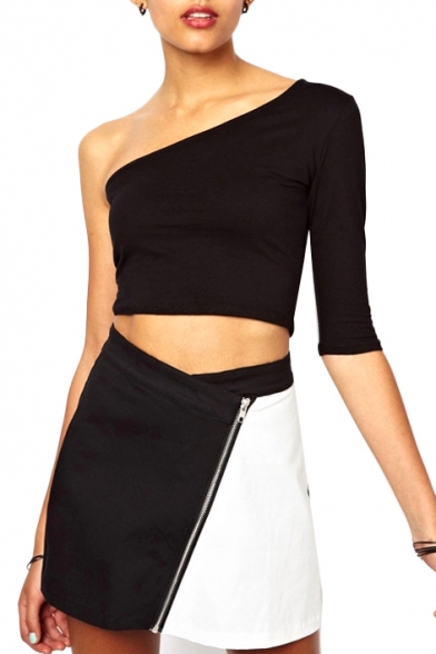 One-Shoulder Black Top with Mono Zipper A-line Skirt Co-ords