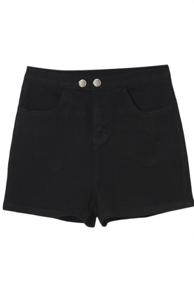 Plain High Waist  Denim Shorts with Double Button Front