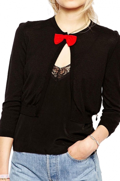 Plain Long Sleeve Crop Cardigan with Bow-Tie Front and Zip Pocket
