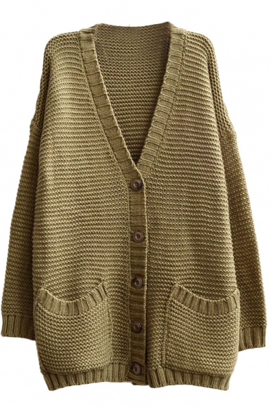 Plain Pockets Embellished Long Sleeve Midi Cardigan with V-Neck