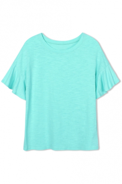 Plain Round Neck Ruffled Short Sleeve Fitted Tee
