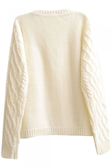 Plain Vintage Diamond Pattern Cable Knitted Round Neck Sweater