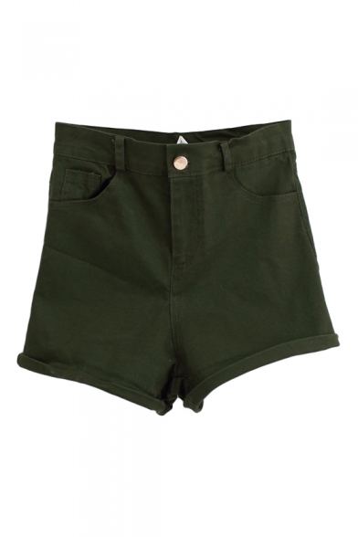 Plain Zipper Fly Denim High Waist Fitted Shorts - Beautifulhalo.com