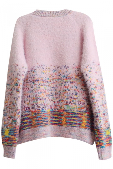 Rainbow Style Colorful Thread Long Sleeve Sweater with Round Neck ...