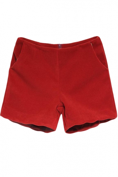 Red High Waist Woolen Curved Hem Shorts