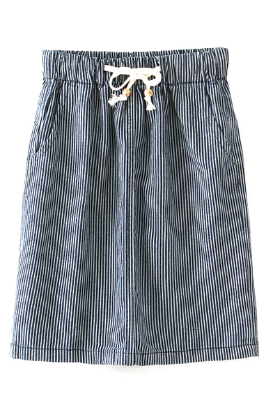 Vertical Thin Stripe Drawstring Waist Skirt
