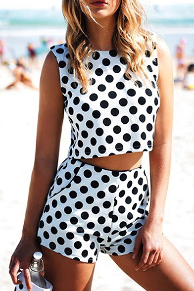 White Background Black Polka Dot Sleeveless Top and Shorts Co-ords