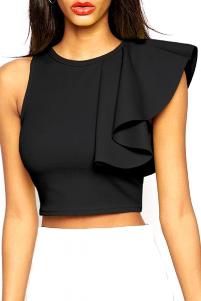 Black Cropped Zip Back Top with Ruffle Sleeve