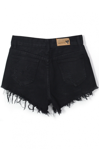 Black Denim Four Button Front Ripped Shorts