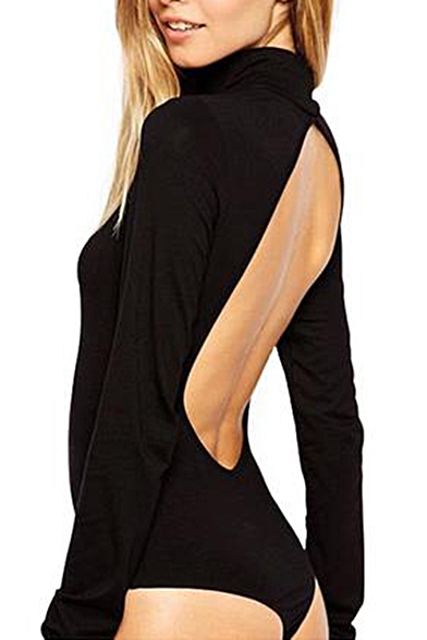 Black High Collar Backless Long Sleeve Bodysuit