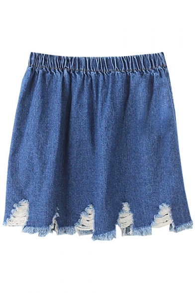 Blue Elastic Waist Ripped Denim Skirt