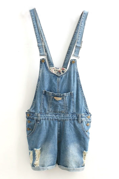 Blue Pocket Front Casual Loose Denim Overall Shorts