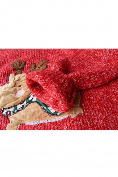 Christmas Deer Applique Must-have Long Sleeve Sweater with Round Neck