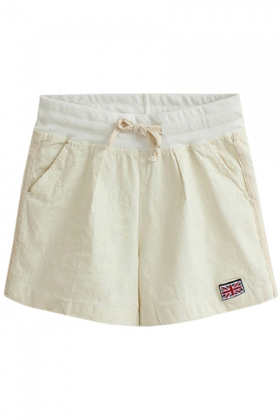 Cream Sweet Style Flag Embroidered Drawstring Waist Shorts