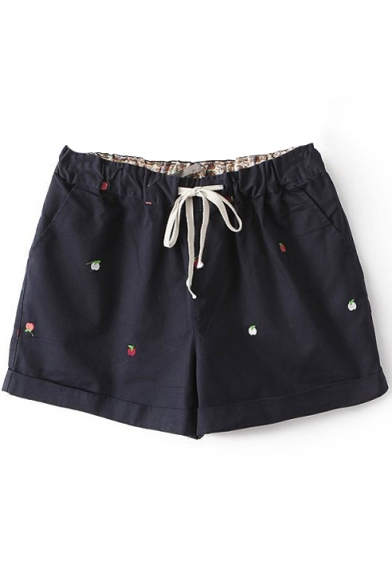 Dark Blue Apple Embroidered Drawstring Waist Shorts