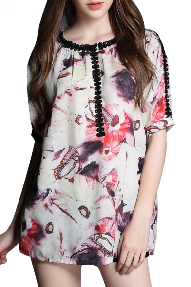 Floral Print Roll Up Sleeve Round Neck Tunic Blouse