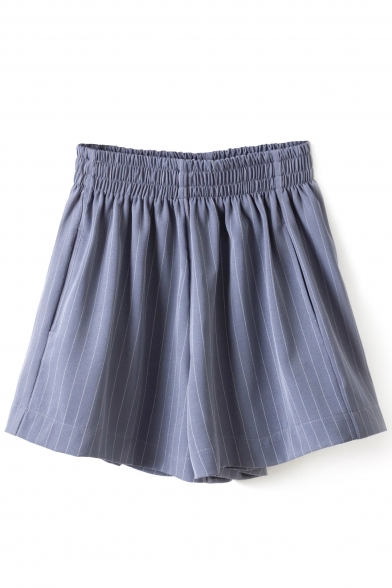 Gray Elastic High Waist Stripe Print Wide Leg Shorts