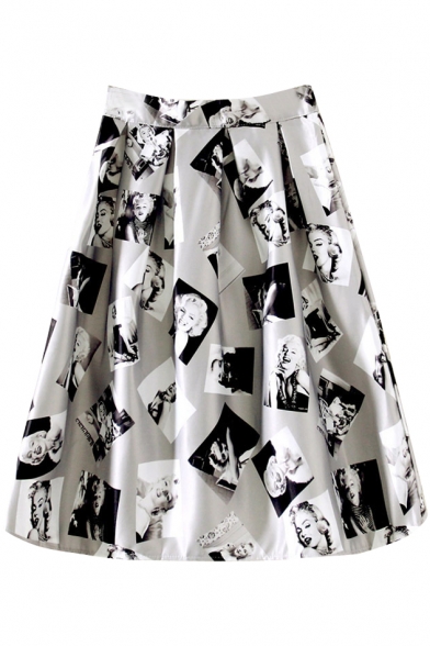 Gray High Waist Character Print Midi Skirt