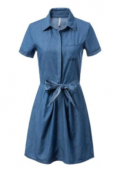 Lapel Short Sleeve Bow Tie Waist A-line Denim Shirt Dress