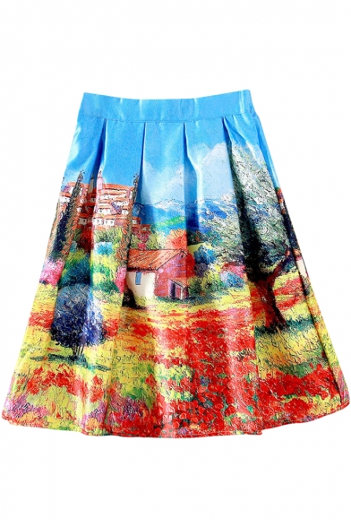 Multi Color Landscape Print High Waist Mini Skirt