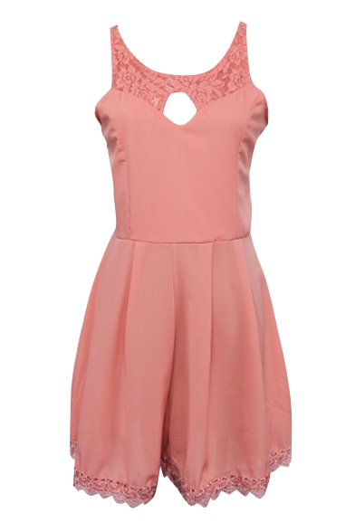 Pink Lace Insert Cutout Front Sleeveless Romper