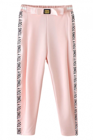 Pink Letters Side Bow Tie Waist Casual Crop Pants