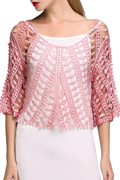 Pink Scoop Neck 1/2 Sleeve Lace Cutout Blouse