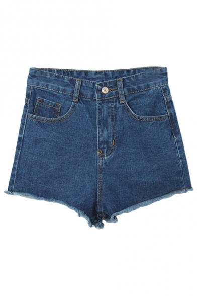 Raw Edge Blue Plain Zipper Flt Shorts with High Rise